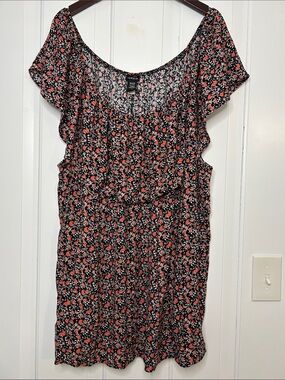 torrid Black ruffle Floral flowy Tunic/ mini dress with Coral and White Flowers